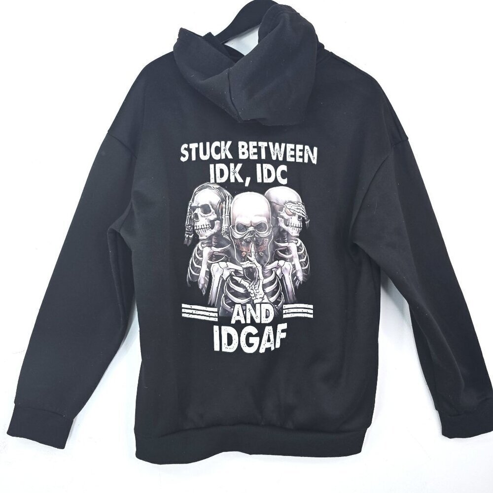 Black Oversized Hoodie Stuck Between IDK IDC & IDGAF Skeleton Graphic Pullover U